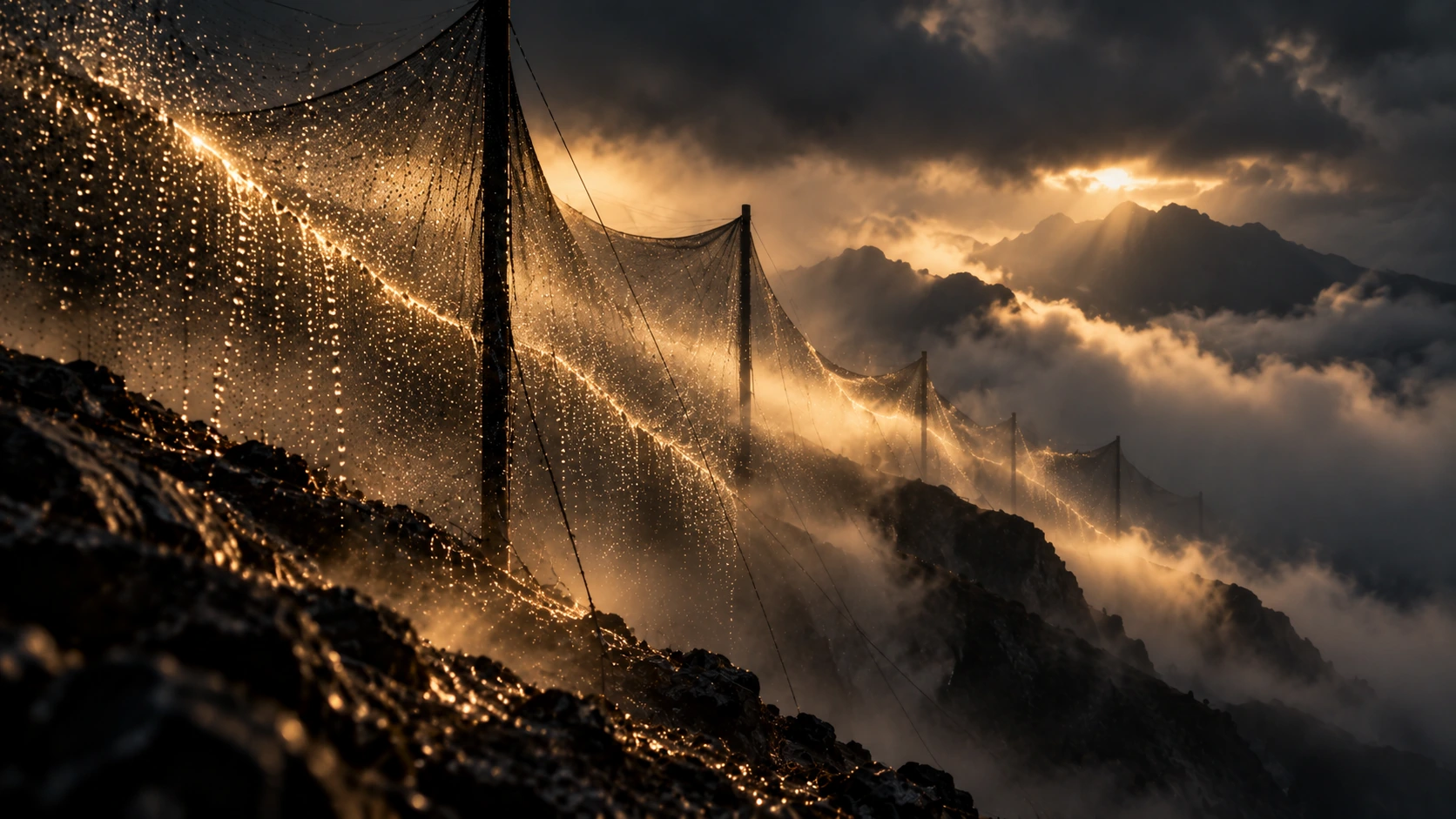 Editorial image of fog-harvesting nets capturing moisture along a stormy mountain ridge.