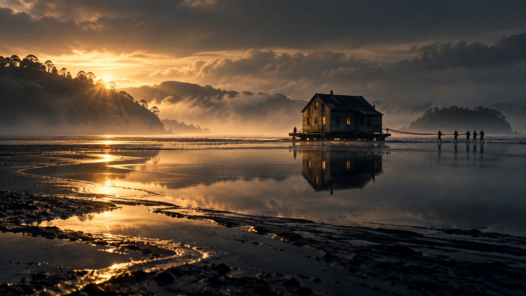 Editorial scene inspired by the Chiloé minga tradition of moving a wooden house across tidal flats in Chile.