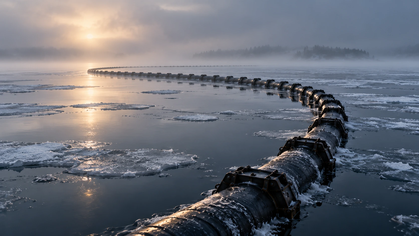 Editorial image of a floating ice-control boom curving through fractured winter ice and open water.