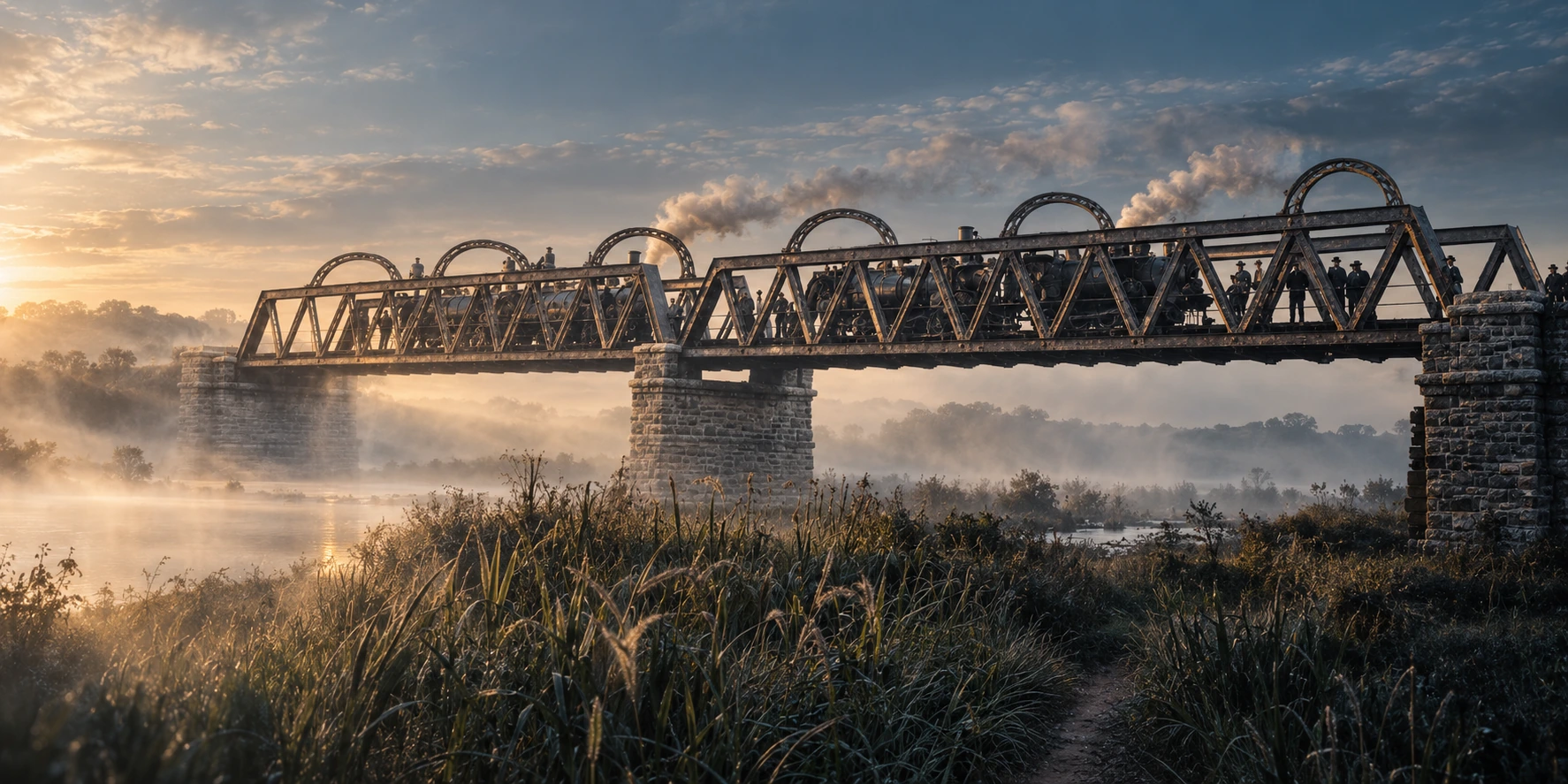 Four steam locomotives stand across a historic iron bridge during a proof-load test.