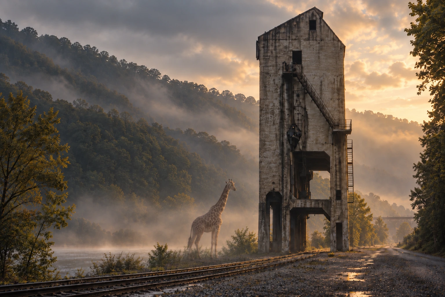 A solitary giraffe stands beside a monumental historic coaling tower in a misty rail landscape.