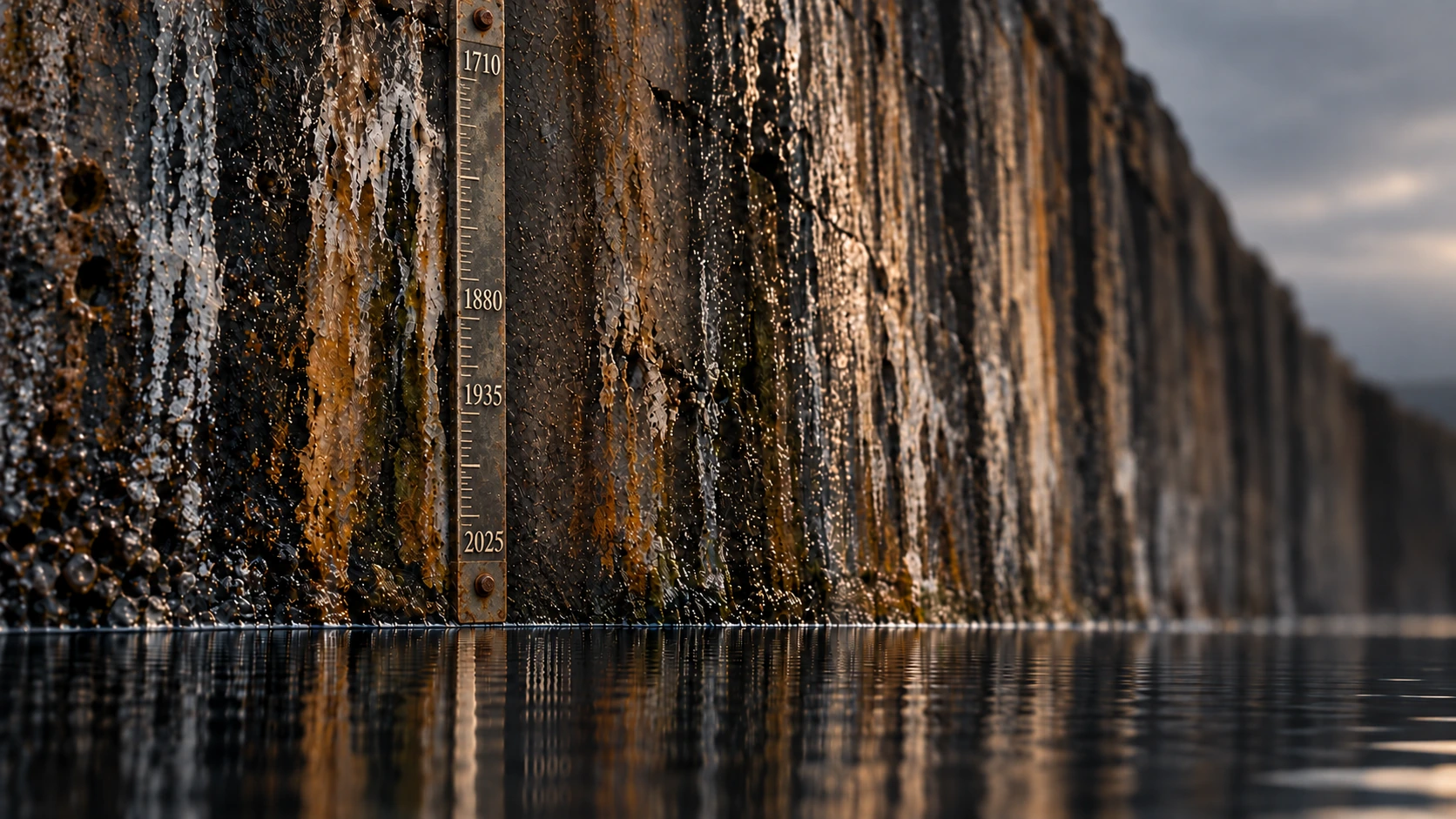Weathered monitoring datum and waterline used as an editorial metaphor for recording change over time.