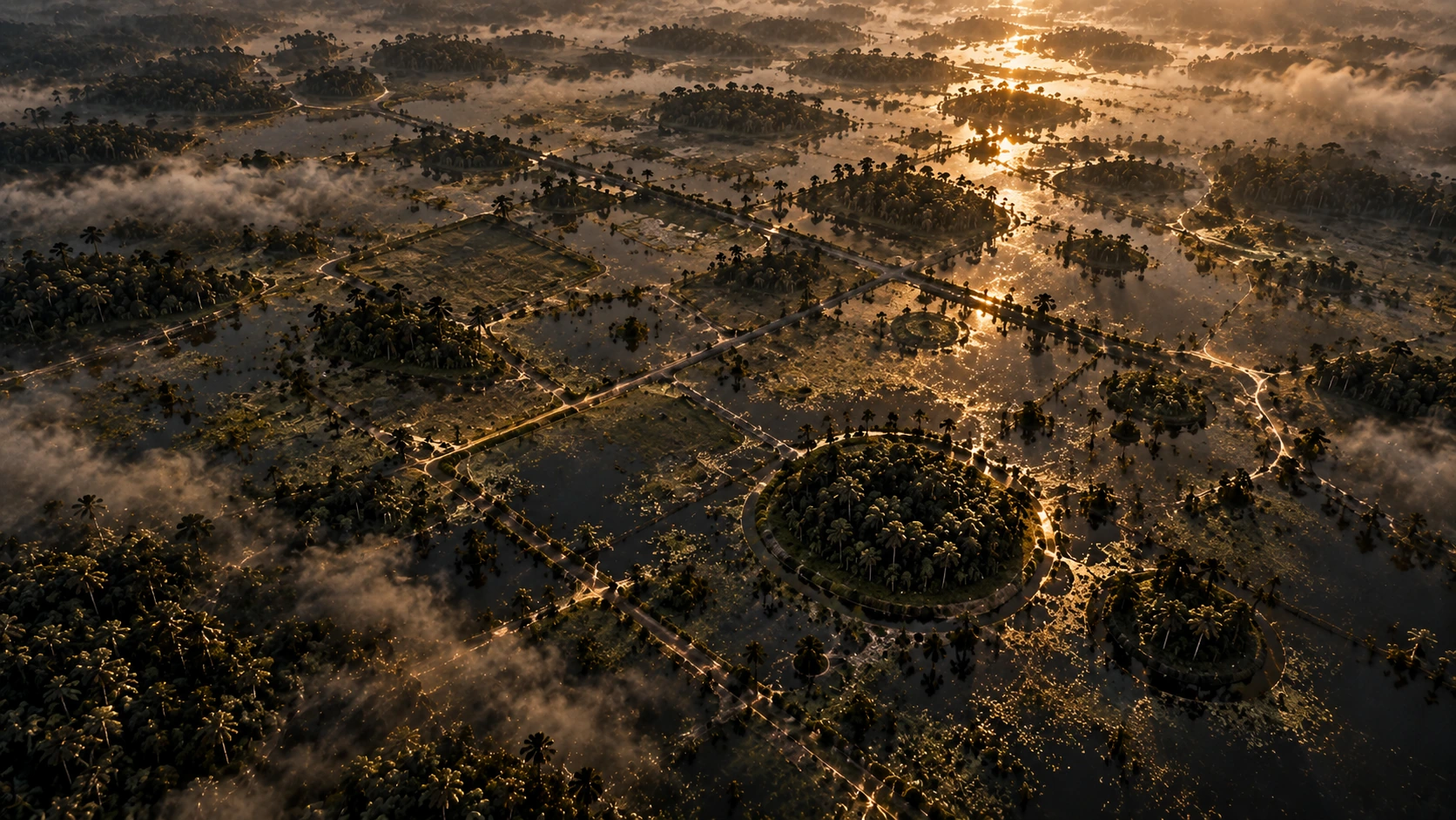 Editorial aerial artwork inspired by the engineered wetland systems of the Llanos de Mojos in Bolivia.