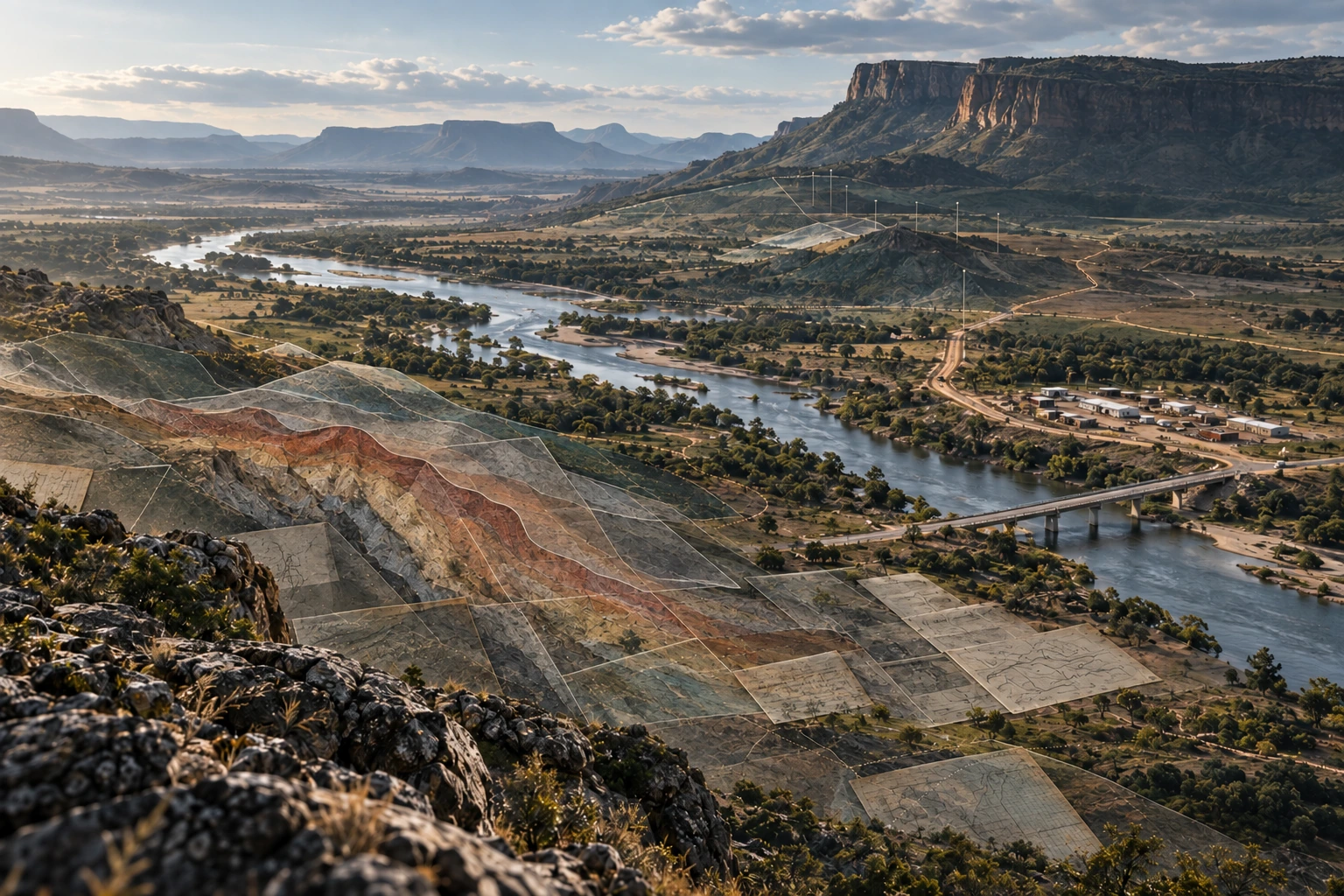 A broad landscape viewed through layered field, project and infrastructure information.